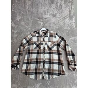 Authentic Plaid Flannel Button Down Shirt Tan Cream Black Long Sleeve 1399